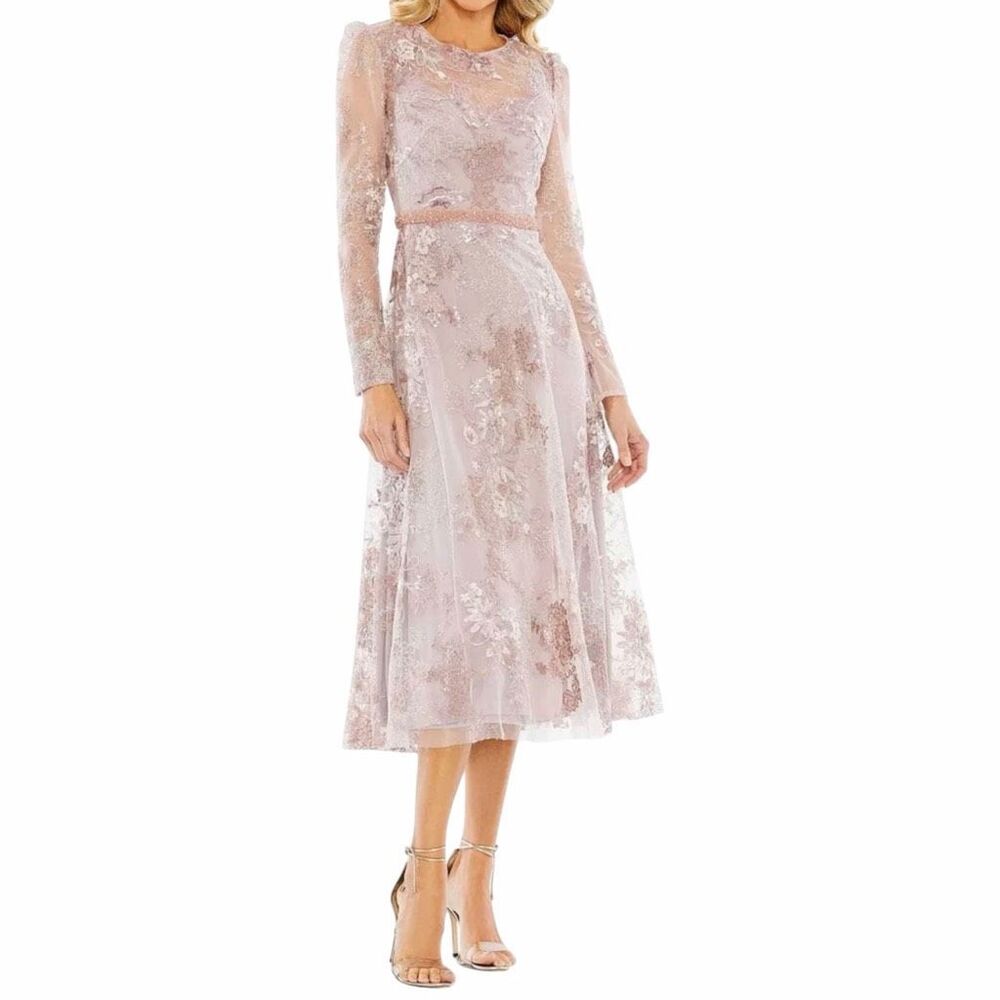 NEW Mac Duggal 68020 Rose Embroidered Sequin Illusion Midi Dress 16